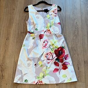 Alex Marie Blush Floral Midi Dress with Red and Pink on Taupe background size 10